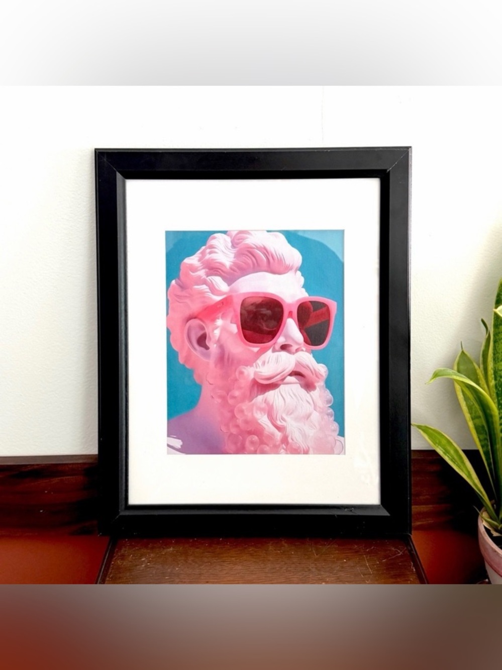 Zeus Statue Pink Sunglasses Blue Canvas Art Print Black Framed Matted Wall Art